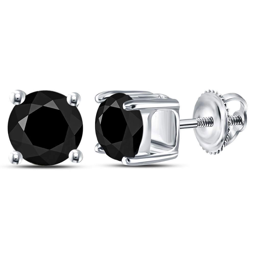 The Diamond Deal 10kt White Gold Unisex Round Black Color Enhanced Diamond Solitaire Stud Earrings 2.00 Cttw
