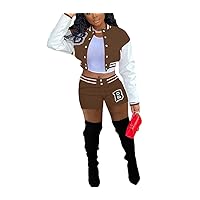 Yanfoam Womens Two Piece Varsity Tracksuit Patchwork Outfits Sets Baseball Letter Sweatsuit Slim Shorts Jacket Track Suit