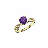 1 Ctw Natural Round Amethyst And Diamond Ring In 14k Solid Gold For Girls And Women 6 MM Amethyst And 1.5 MM Diamond