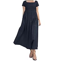 Vintage Summer Cotton Linen Dress for Women Casual Short Sleeve Pleated T Shirt Dresses Loose A-Line Beach Midi Dress