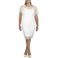 Adrianna Papell Womens Ivory Embellished Flutter Sleeve Illusion Neckline Knee Length Formal Sheath Dress 0