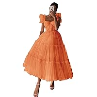 Tulle Prom Dresses for Women Tiered Ruffle Sleeve Tea Length Puffy Sweetheart Corset Formal Evening Gowns