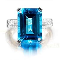 Emerald Cut Large Zirconia Simulated Blue Topaz Solitaire Ring Split Shank Wedding Engagement Rings for Women Y925