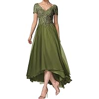 High Low Mother of The Bride Dresses with Short Sleeve Chiffon Lace V-Neck Formal Evening Party Gowns