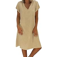 2023 Womens Cotton Linen Solid A-Line Dress Summer Trendy Casual Knee Length V Neck Cap Sleeve Tunic Swing Dresses