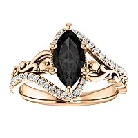 1 CT Sculptural Black Marquise Engagement Ring 14k Rose Gold, Scroll Marquise Black Onyx Ring, Victorian Marquise Black Diamond Ring, Art Deco, Classic Ring For Her