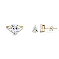 ISAAC WOLF Genuine VVS1 D Moissanite Diamond 4 Carat Pear Cut Ring and 2 cttw Earrings in 10k Solid Yellow Gold.