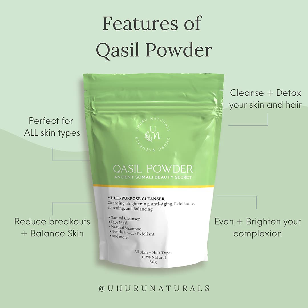 Uhuru Naturals Qasil Powder 20 Grams – Ancient Somali Beauty Secret, Gentle Deep Cleansing Facial Mask for Beautiful Glowing Skin. Reduces Dark Marks and Scars. Brightens. Detoxifies.
