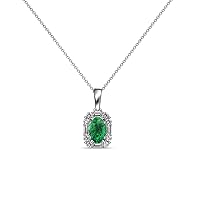 Oval Emerald & Natural Diamond Halo Pendant 0.56 ctw 14K White Gold. Included 18 inches 14K Gold Chain.