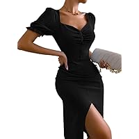 Wedding Guest Dress Sweetheart Neck Puff Sleeve Ruched Split Thigh Dress (Color : Black, Size : Large)