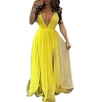 Womens Long Tulle Prom Dresses Deep V Neck Backless Formal Evening Party Gowns