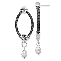 20mm Edward Mirell Black Titanium Cable and 925 Sterling Silver Dangle Polished Post Earrings Floral Accent With Freshwater Cultured P Jewelry Gifts for Women