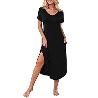 PrinStory Womens Long Nightgowns V Neck Loungewear Short Sleeve Sleepwear Casual Nightdress