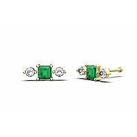 Natural Emerald Piercings Earring With Diamond In 14k Solid Gold For Women And Girls May Birthstone Single Piece