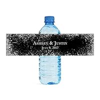 100 Silver Glitter On Black Wedding Anniversary Engagement Party Water Bottle Labels Bridal Shower Birthday
