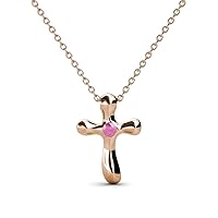 Petite Pink Sapphire Solitaire Cross Pendant 14K Gold. Included 16 Inches 14K Gold Chain.