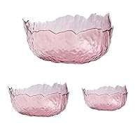 Glass Salad Bowls Set of 3, Space-saving Nesting Bowls, Irregular Shape Decorative Centerpiece Bowls, Kitchen Serving Bowls for Salad, Fruit, Dessert, Freezer Safe (Purple Pink)