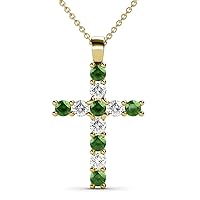 Green Garnet & Natural Diamond (SI2-I1, G-H) Cross Pendant 0.85 ctw 14K Gold. Included 16 Inches 14K Gold Chain.
