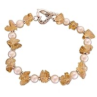 NOVICA Handmade Cultured Freshwater Pearl Citrine Heart Bracelet .925 Sterling Silver White Yellow Beaded India Flame Birthstone [7.5 in L x 0.4 in W] 'Summer Moon'