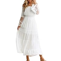 Womens Summer 2023 Off Shoulder Boho Dress Flowy Long Sleeve Lace Embroidery Maxi Long Wedding Guests Dresses