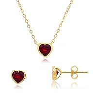 MAX + STONE Solid 14k Yellow Gold Heart Shaped Bezel Set Created Ruby Birthstone Pendant Necklace and Stud Earrings Jewelry Set