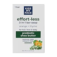 Kiss My Face Effort-Less 3-in-1 Bar Soap - Orange + Thyme - Probiotic Bar Soap for Face, Hair, and Body with Shea Butter - Palm Oil-Free and Cruelty-Free Soap (Orange + Thyme, Pack of 1)