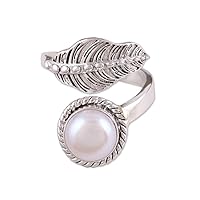 NOVICA Artisan Handmade Cultured Freshwater Pearl Wrap Ring .925 Sterling Silver Leaf White Single Stone India Tree Birthstone 'Forest Unity'