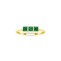 14K Yellow Gold Plated 2.00 Ctw Princess Cut Lab Created Green Emerald Three Stone Band Anniversary Engagement Ring For Womens & Girls