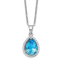 925 Sterling Silver Spring Ring Polished Blue Topaz and CZ Cubic Zirconia Simulated Diamond Necklace 18 Inch Jewelry for Women