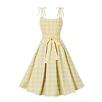 Knot Strap Pink and White Plaid Women Dress Summer Elegant Evening Vintage Party Pleated Dresses