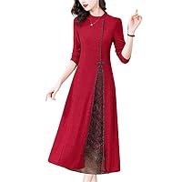 Female Red Knitted Patchwork Long Dress Autumn Winter Sleeve Elegant Prom Korean