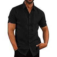 Button Down Short Sleeve Linen Shirts for Men Summer Casual Cotton Spread Collar Beach Shirts