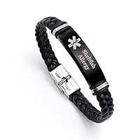 Custom Leather Medical Allergy Awareness Alert Bracelet Personalized Food Allergic Alarm Bangle for Adults Children,Free Engraving