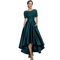 Women's Short Sleeves Evening Dresses Lace Embroidery with Pockets Prom Dresses Sapphire Blue