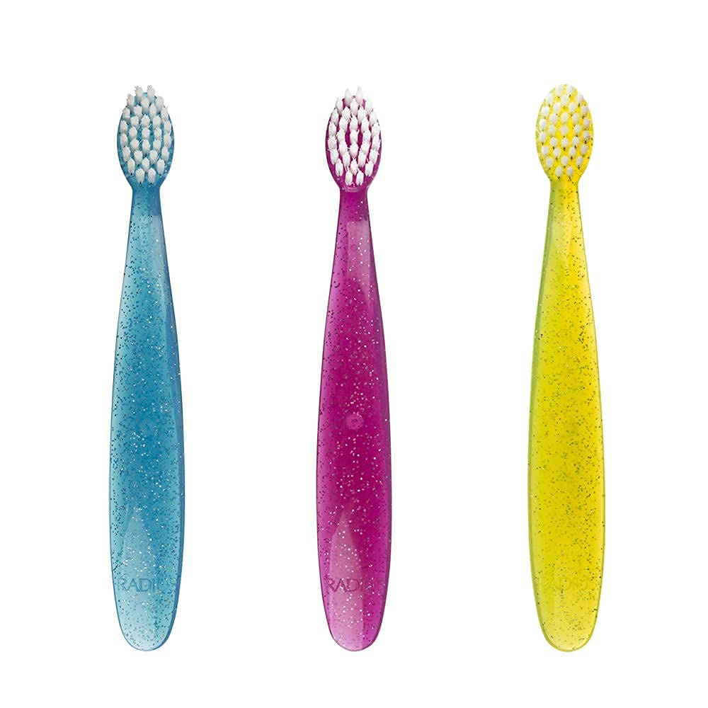 RADIUS Totz Toothbrush Extra Soft Brush BPA Free & ADA Accepted Designed for Delicate Teeth & Gums for Children 18 Months & Up - Blue Coral Yellow - Pack of 3