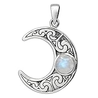 Sterling Silver Horned Crescent Moon Pendant with Natural Rainbow Moonstone
