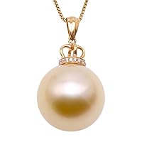 Stunning 14K Yellow Gold Crown Penddant Golden South Sea Pearl Necklace 14mm AAA Round