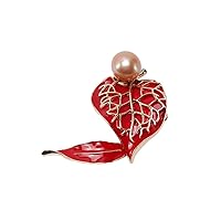 JYX 12-12.5mm Pearl Brooch Red Leaf Style for Women