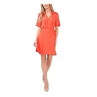 Vince Camuto Womens Coral Pleated Lined Elastic Tie Waist Short Sleeve Collared Above The Knee Wrap Dress XS
