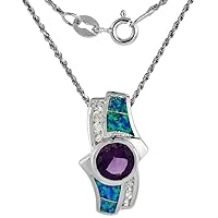 Sterling Silver Synthetic Opal Necklace for Women Hand Inlay Amethyst CZ 8 mm Round 1 inch