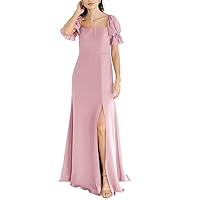 Chiffon Bridesmaid Dresses with Sleeves Long Square Collar Formal Evening Gowns Maxi Dress with Slit