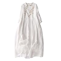 Women Cotton Linen Chinese Button Embroidery Floral A-Line Dress Summer 3/4 Sleeve High Waist Fashion Knee Dresses