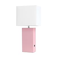 Elegant Designs LT1053-PNK Modern Leather USB and White Fabric Shade Table Lamp, Pink