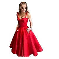 Women's Tea Length Satin Prom Dresses A Line Evening Party Gowns with Pockets