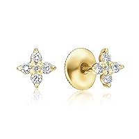 Diamond Stud Earrings, Solid 14k Yellow Gold, 10 Round Cut Natural Diamonds, Flower Design Earrings, 0.2 Ct HI/SI
