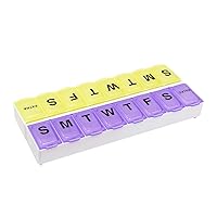Weekly (14-Day) Pill Organizer, Vitamin and Medicine Box, Large Snap Compartments, Easy-To-Open, BPA Free, Purple and Yellow