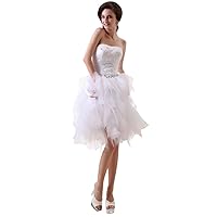 White Strapless Short Beaded Applique Tulle Ruffle Skirt Wedding Dress