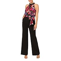 Adrianna Papell Mock Neck Printed Floral Halter Jumpsuit with Solid Black Bottom