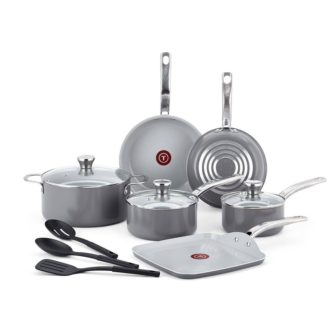 T-fal Fresh Recycled Aluminum Ceramic Nonstick Cookware Set 12 Piece Pots and Pans, Dishwasher Safe Grey