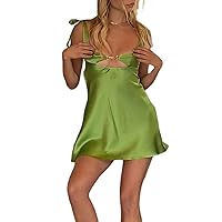 Women's Sexy Mini Dress Solid Color Sleeveless Low-Cut Spaghetti Strap Satin Tank Dress E-Girl Aesthetic Party Nightwear
